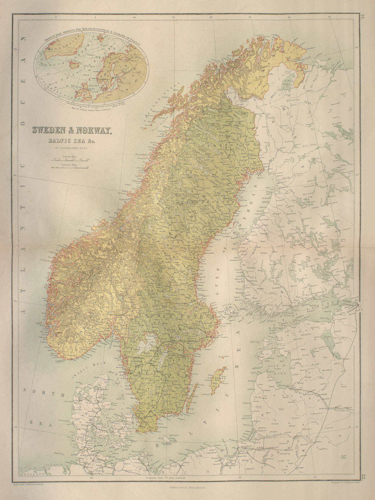 Sweden & Norway. Scandinavia. Railways. BARTHOLOMEW 1870 old antique map chart